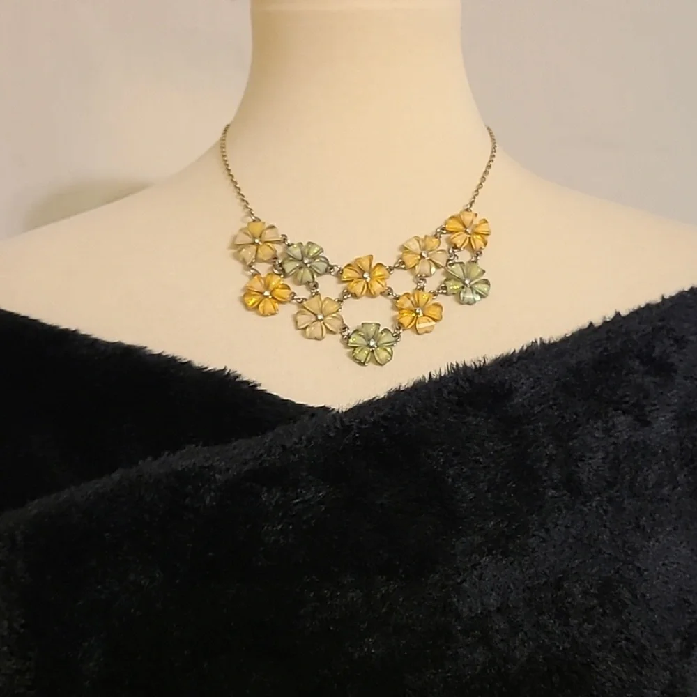 Yellow and Green Floral Design Statement Necklace - Picture 2 of 9